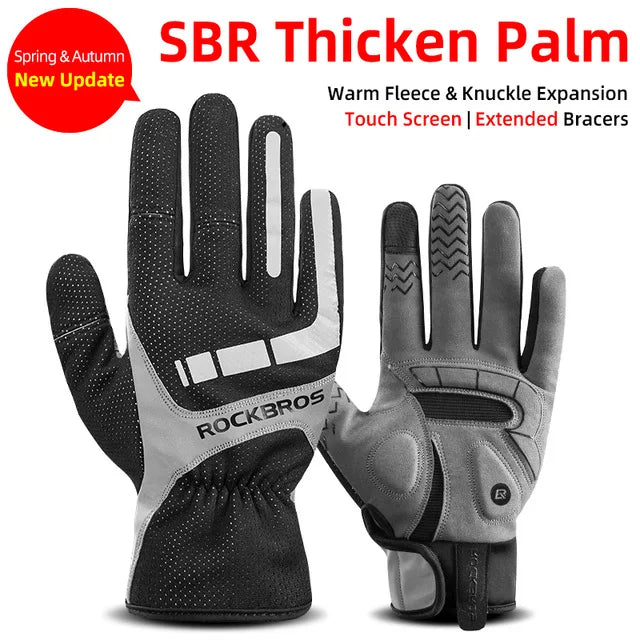 ROCKBROS Winter Gloves Bicycle Motorcycle SBR Men Women Full Finger Windproof Gloves Warm Fleece Skiing Glove Cycling Equipment
