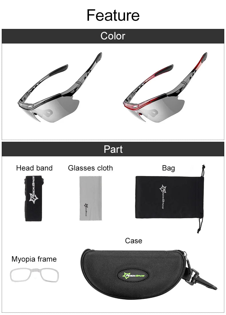 ROCKBROS Photochromic Bicycle Glassess Cycling Glasses Polarized Sunglasses Myopia Frame MTB Mountain UV400 Bicycle Goggles