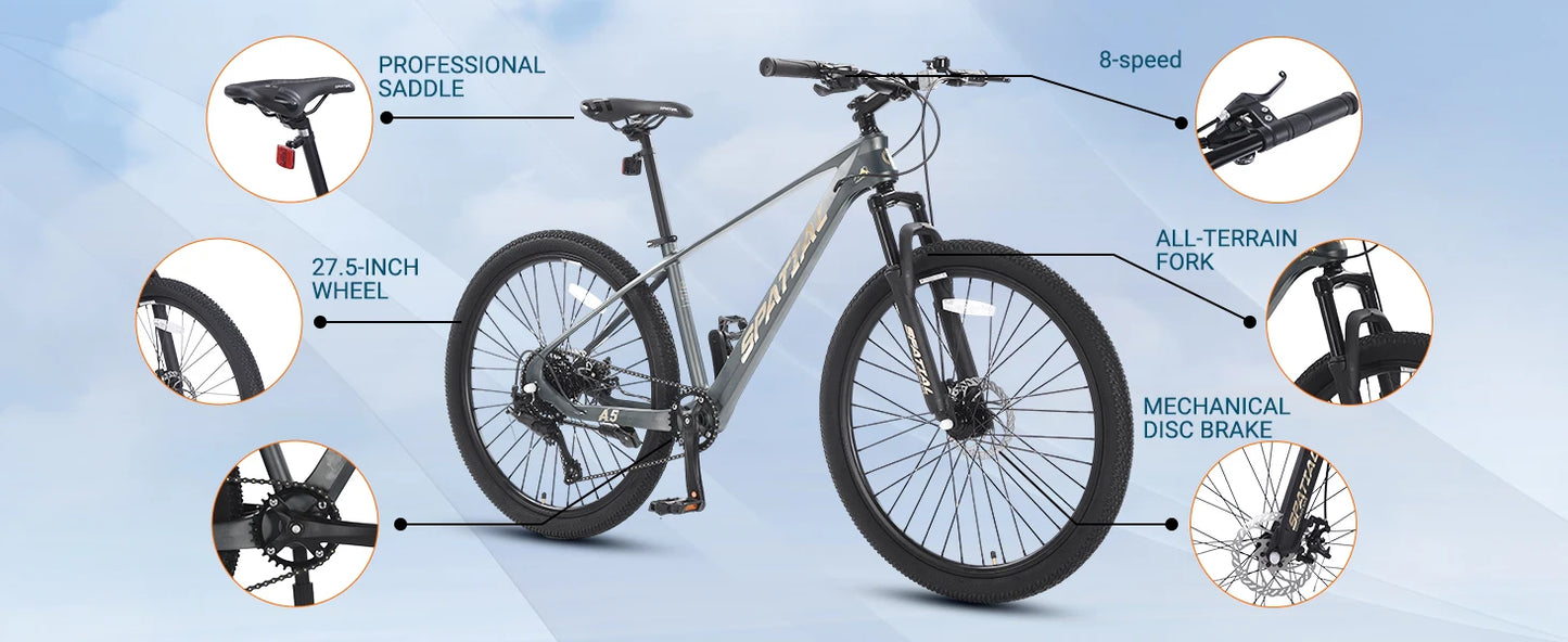 SPATIAL MT275FS 27.5 Inch Hardtail MTB, 8 Speed Mountain Bike, Adult Bicycle, Lightweight Magnesium Alloy Frame, Suspension Fork, Front & Rear Disc Brakes