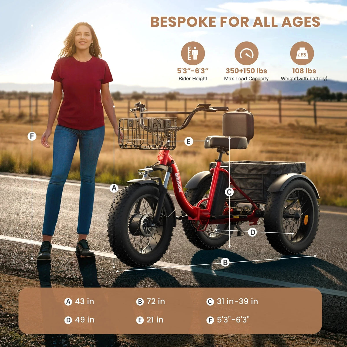 QRONGE Electric Bike for Adults 1200W Peak 36V 20AH Battery Folding Electric Tricycle 75 Miles Range Max 20MPH 20"*4" Fat Tire Electric Trike