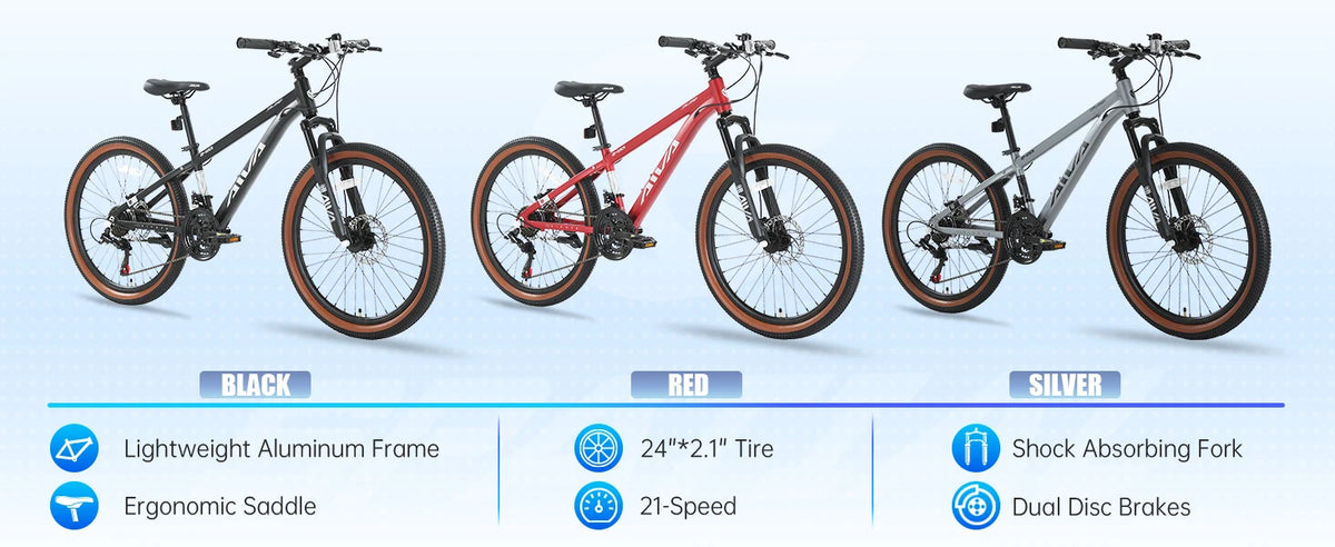 AIVA MT24FS 24 Inch Hardtail MTB, 21 Speed Mountain Bike, Bicycle for Teenagers and Adults, Lightweight Aluminum Frame, Suspension Fork, Front & Rear Disc Brakes