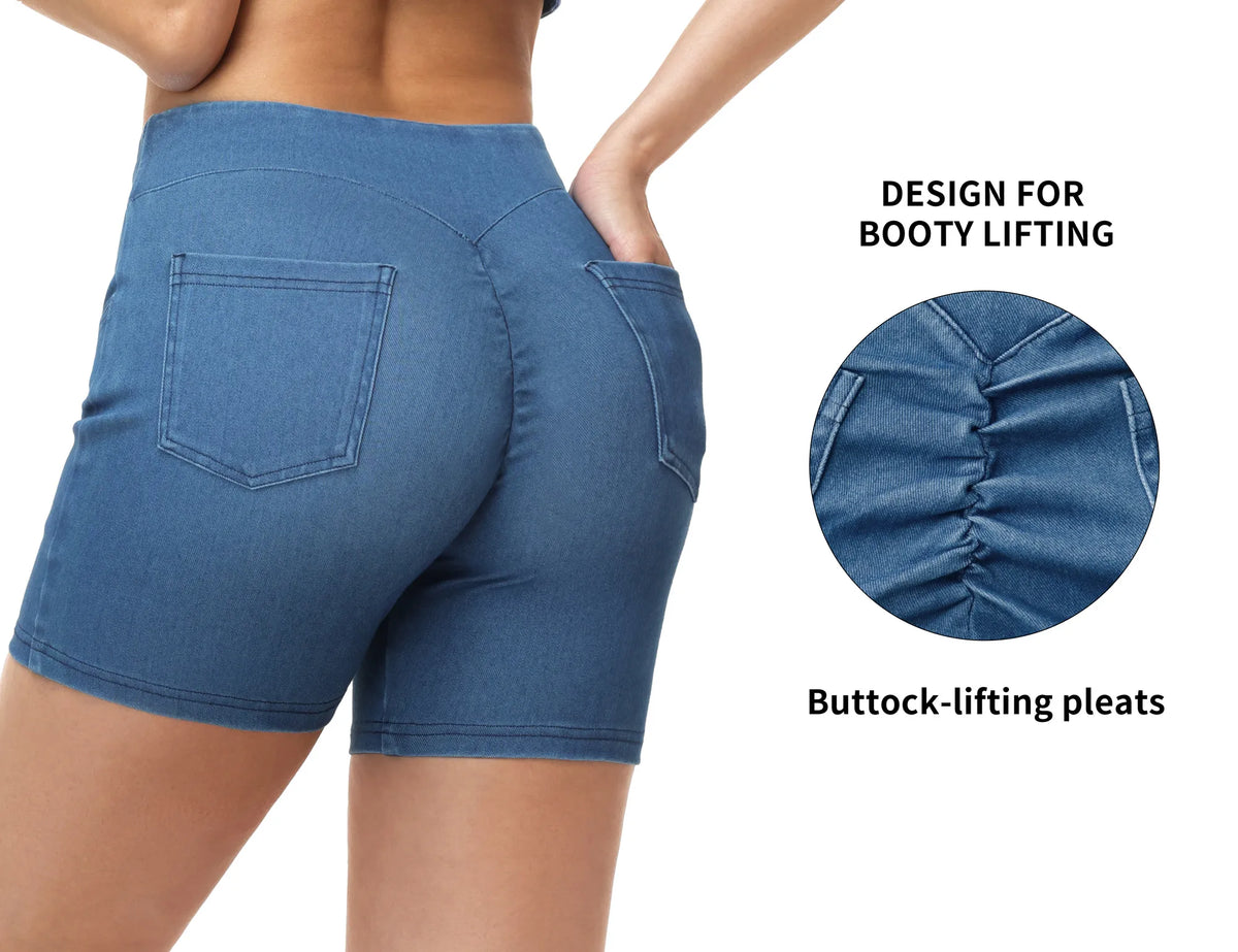 THE GYM PEOPLE Women's High Waisted Booty Lifting Denim Shorts Stretchy Pull on Jean Shorts With Pockets