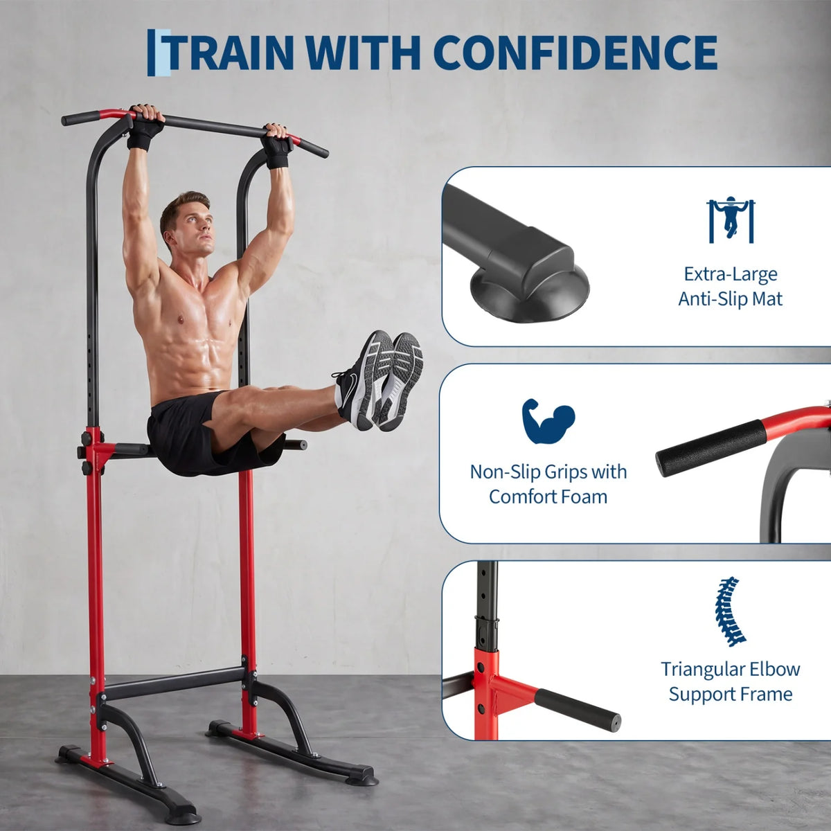 Power Tower Pull Up Dip Station – 10-Level Adjustable Height, 330LBS Capacity, Heavy Duty Steel Frame, Multi-Function Home Gym Strength Training Equipment for Full Body Workout