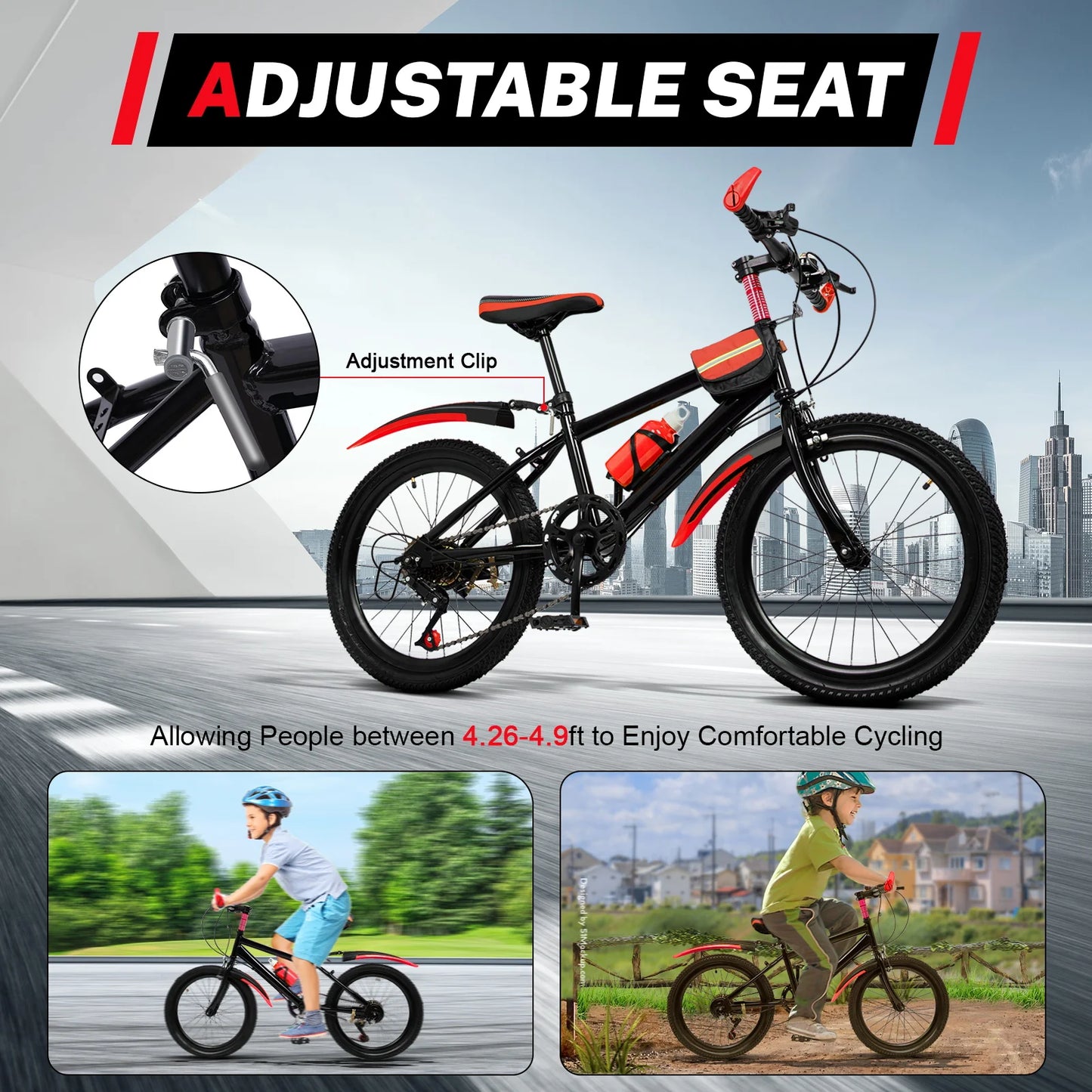 20" 7 Speeds Mountain Bike Kids Bicycle Dual-Disc Brakes Unisex Children's Bicycle Height Adjustable MTB Boys Girls Riding Bike