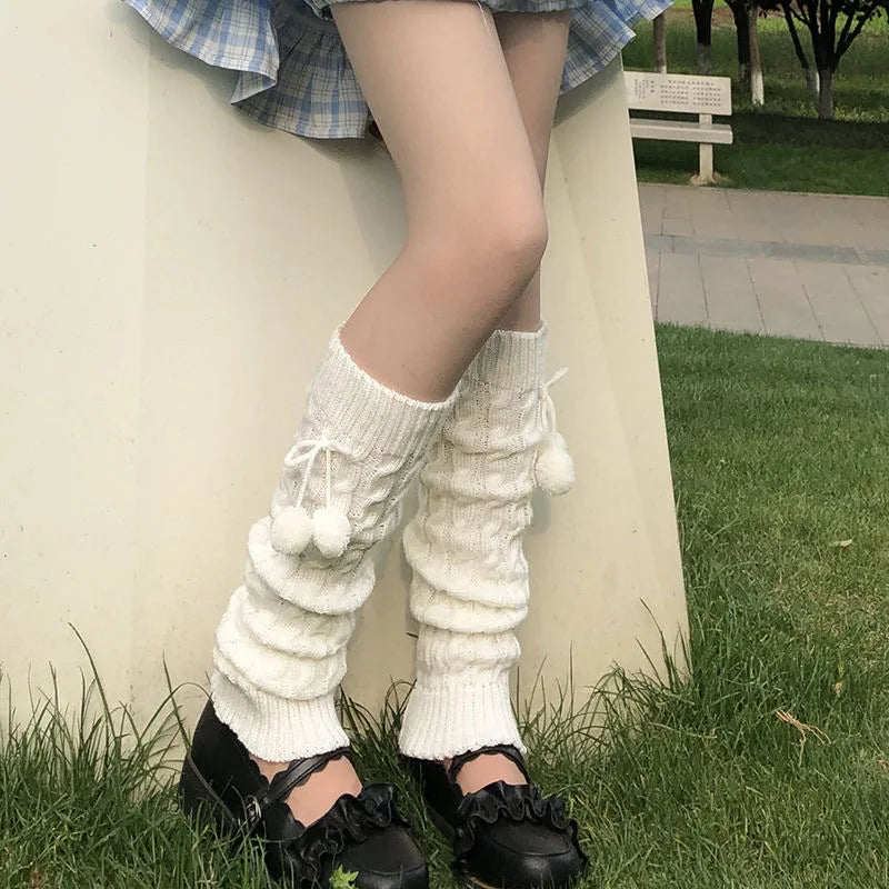 Japanese Style Winter Warm Socks Lolita Warm Leg Knitted Socks Wool Ball Knitted Foot Covers Leg Warmers With Balls For Women