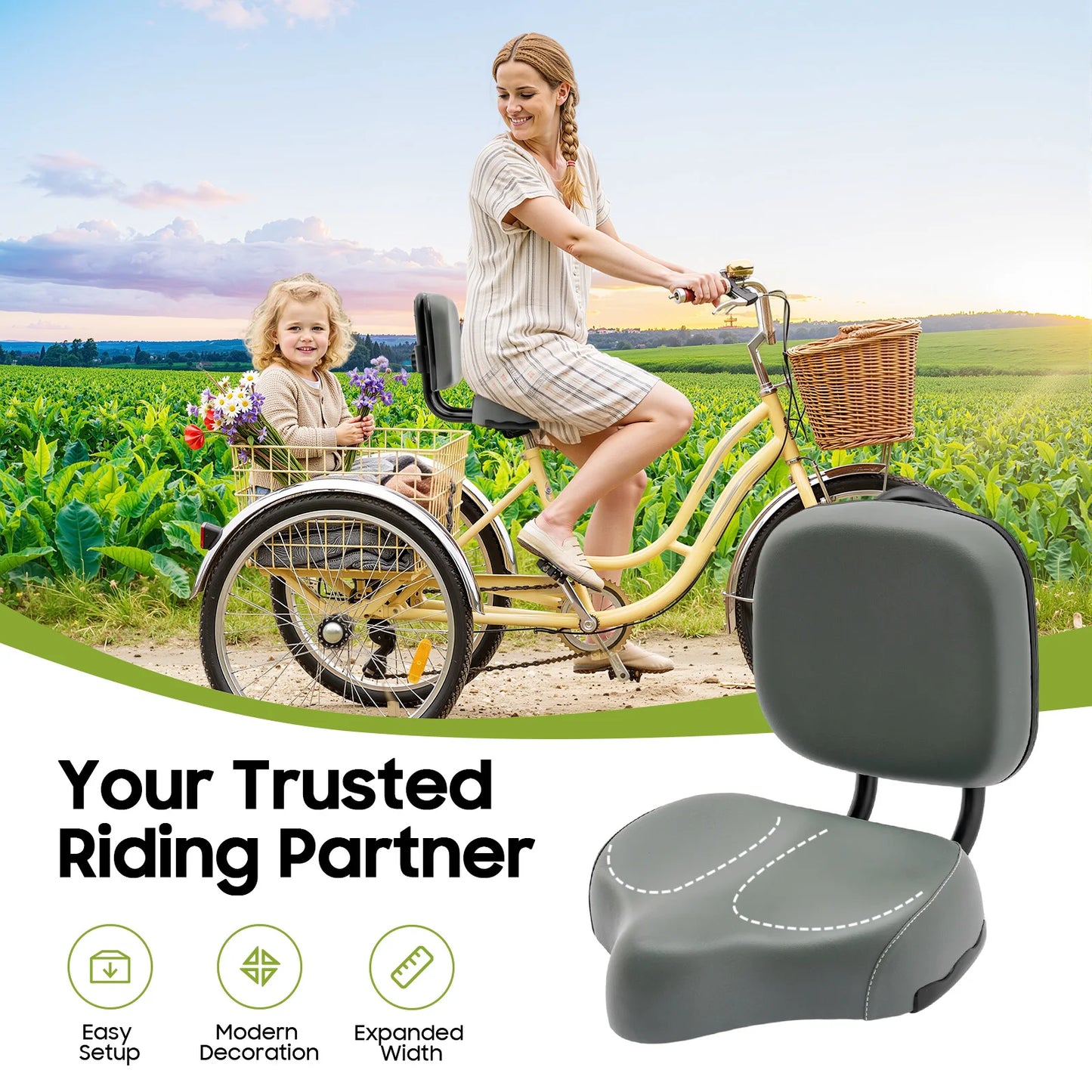 Gray Electric Tricycle Seat With Adjustable Backrest  Iron Frame 23-35cm Height Adjust  For E-Bike Beach Trike Adult Kid Riding