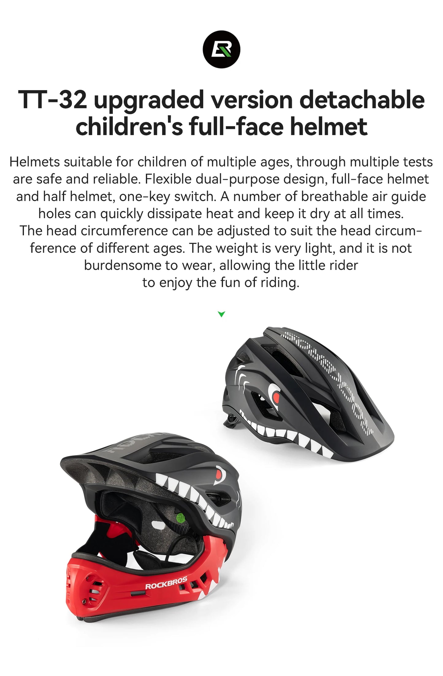 ROCKBROS Child Cycling Helmet Impact Resistant Cross Helmet Detachable Full Face Helmet Safety Protection Bicycle Scooter Helmet
