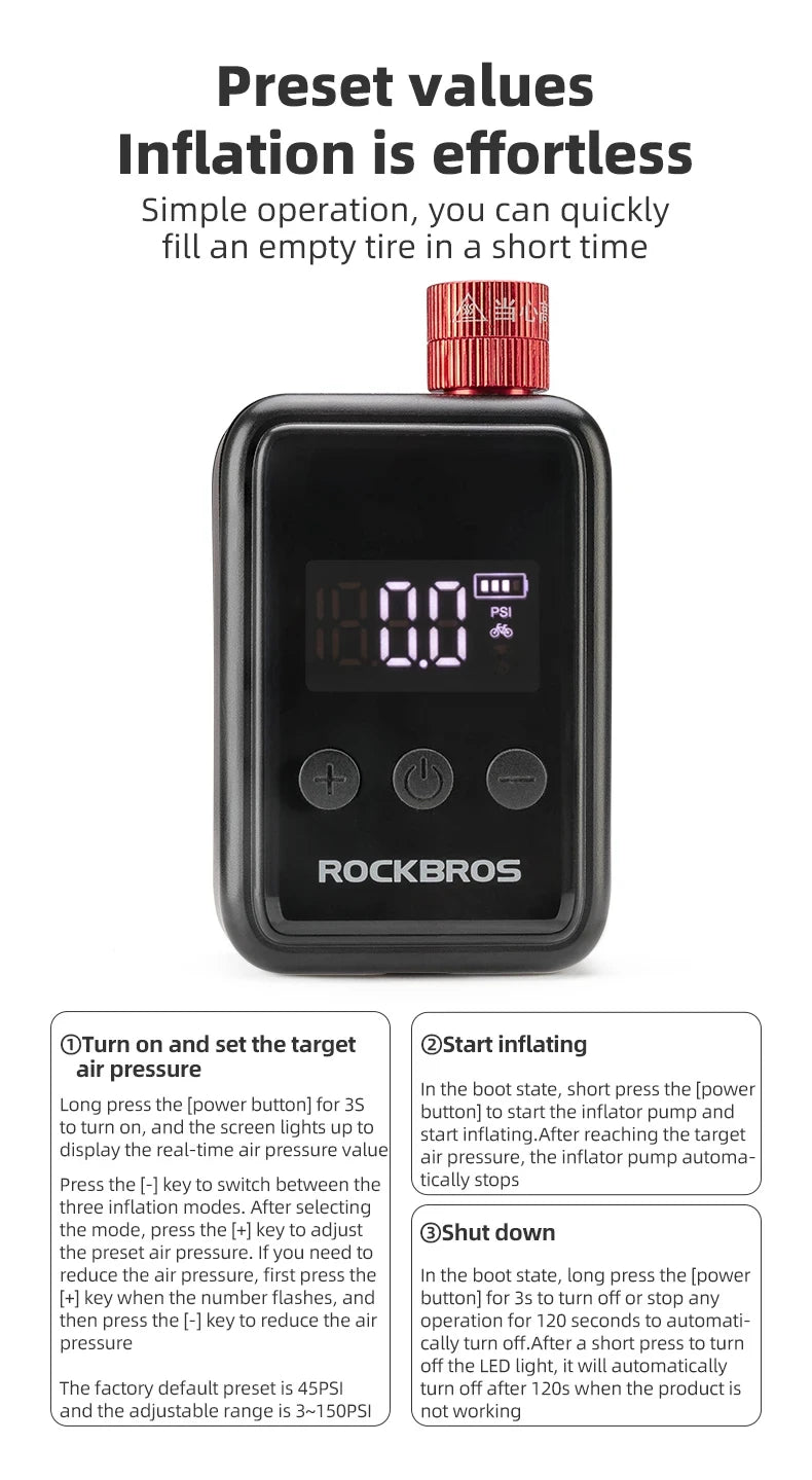 ROCKBROS Bicycle Pump 150PSI Portable Pocket Electric Air Pump Schrader Presta Valve MTB Rechargeable Compressor Tire Inflator