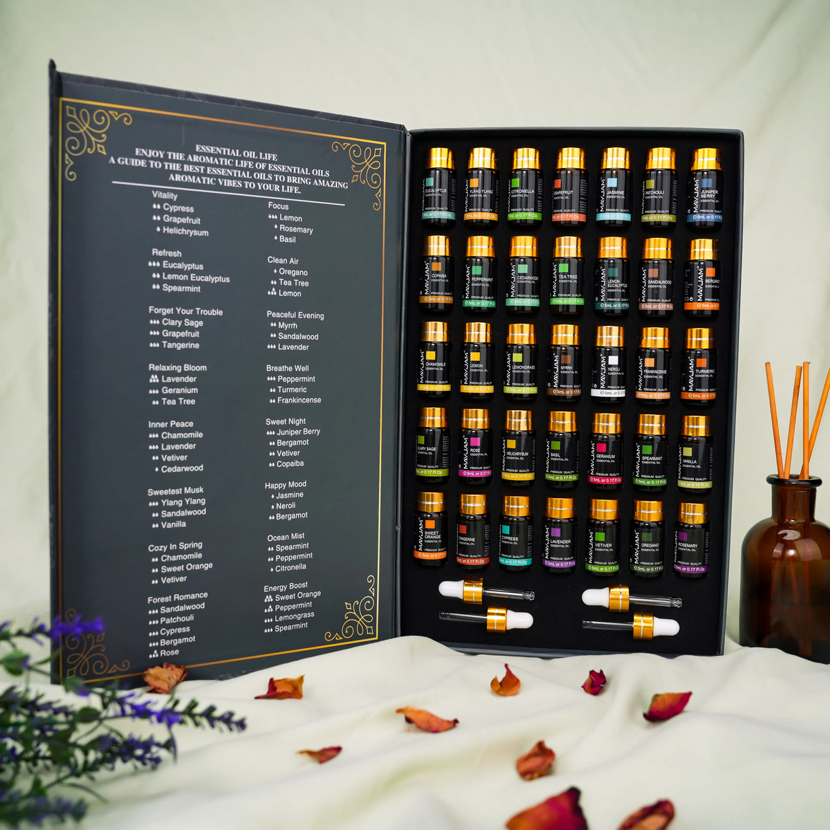 MAYJAM 35 Bottles Essential Oils Kit Gift Box ,Lavender Jasmine Vanilla Lemon Eucalyptus Sandalwood Frankincense SweetOrange Ylang Rose Bergamot Tea Tree Lemongrass Patchouli Rosemary Geranium Citronella Aromatherapy Oil for