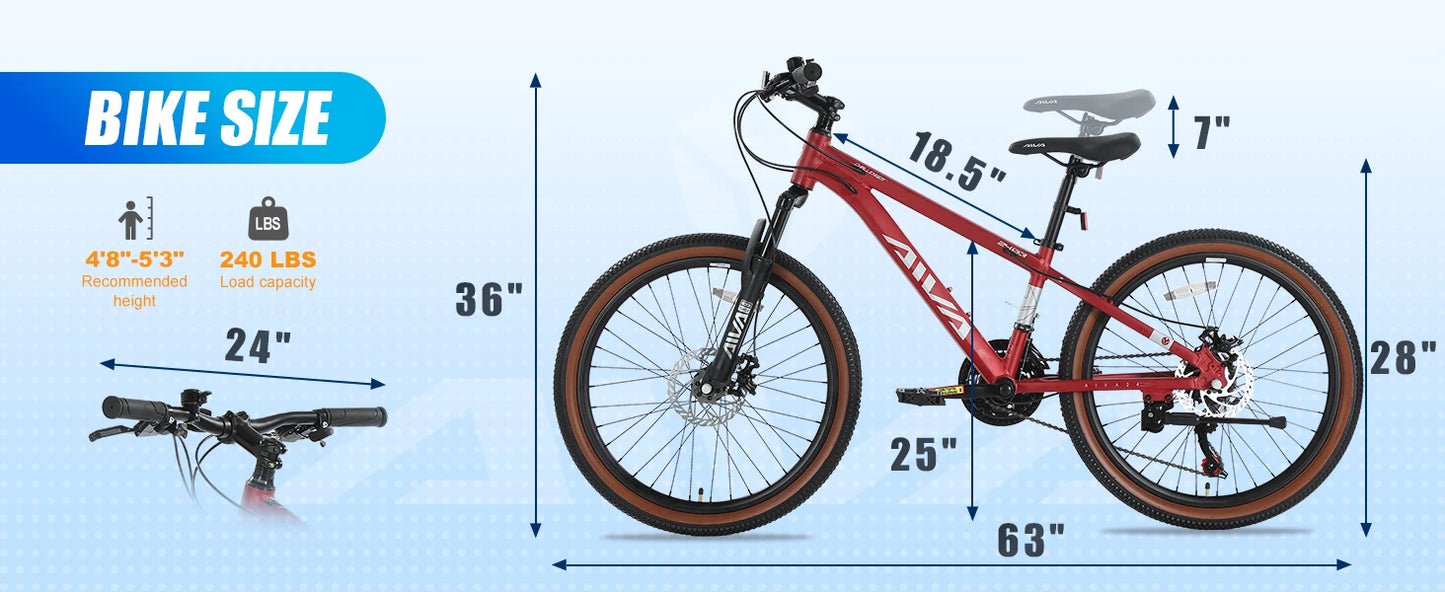 AIVA MT24FS 24 Inch Hardtail MTB, 21 Speed Mountain Bike, Bicycle for Teenagers and Adults, Lightweight Aluminum Frame, Suspension Fork, Front & Rear Disc Brakes