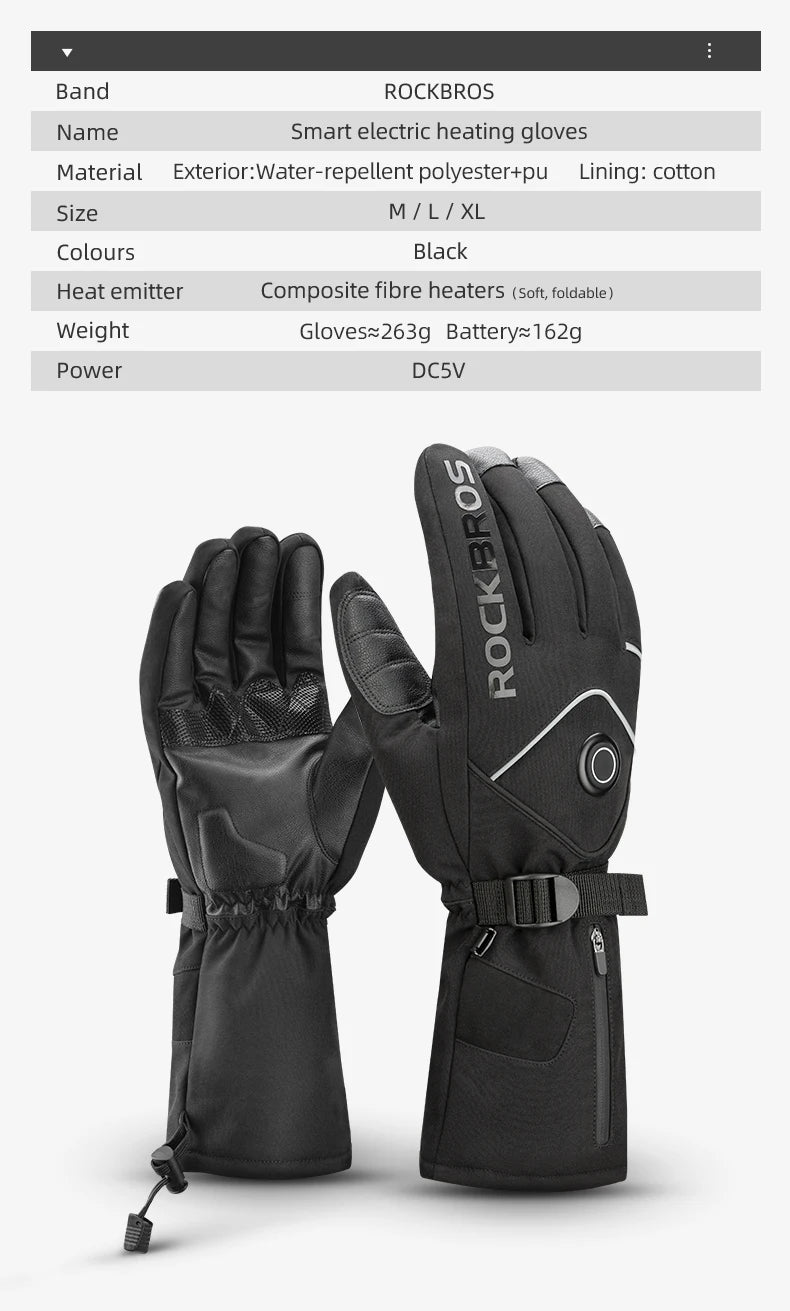 ROCKBROS Heated Skiing Gloves Winter Heated Gloves Motocycle Screen Touch Waterproof Rechargeable 4000mAh Battery Heated Gloves