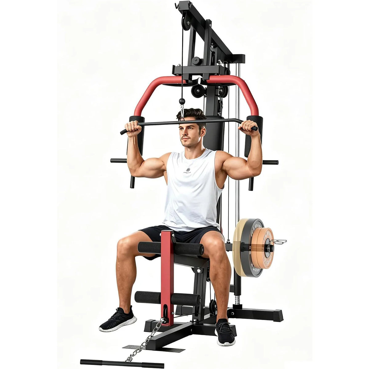5-in-1 Home Gym Equipment, Full Body Workout Machine | LAT Pulldown Chest Press Leg Extension Seated Row, 300LBS Capacity Home Gym System for Strength Training, Fits 1" & 2" Weigh