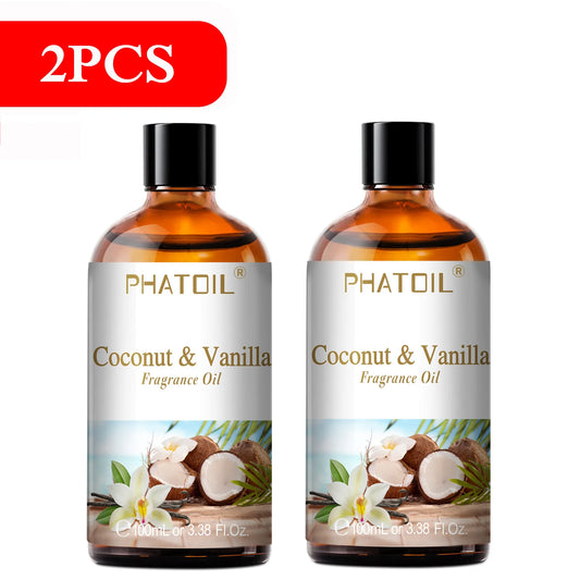 PHATOIL 2PCS 100ml Fragrance Oil Set for Diffuser Humidifier Soap Candle Making 3.38FL.OZ Long Lasting Aroma Oils Coconut & Vanilla Mango Cherry Strawberry Apple Lemon Peach