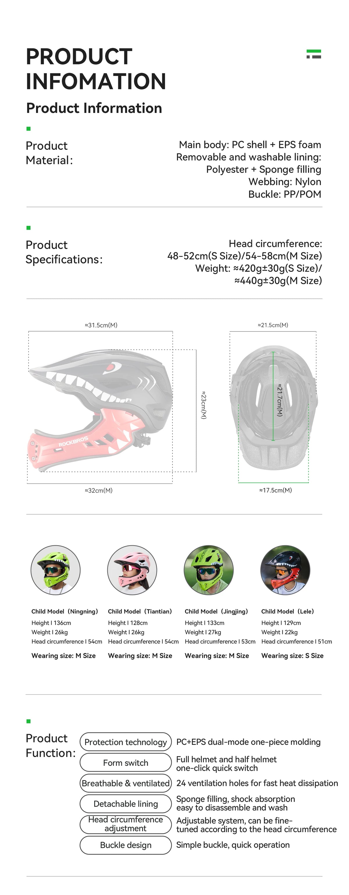 ROCKBROS Child Cycling Helmet Impact Resistant Cross Helmet Detachable Full Face Helmet Safety Protection Bicycle Scooter Helmet