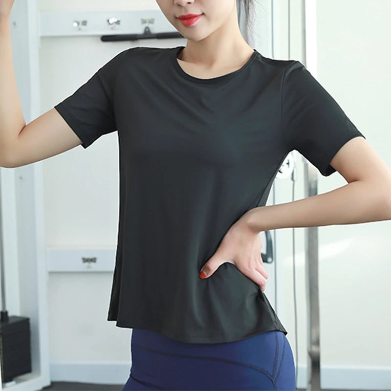 New Hem Opening Sports Tops Women Loose Quick-Dry Yoga T-Shirt Sexy Backless Net Yarn Patchwork Running Training T Shirts