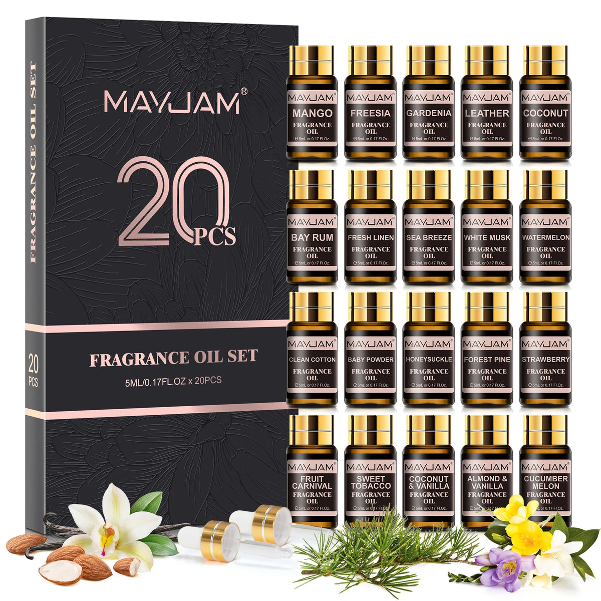 MAYJAM Fragrance Oils Set 20 Bottles-Sea Breeze White Musk Baby Powder Leather Sweet Tobacco Coconut & Vanilla Freesia Gardenia Strawberry Watermelon Mango Aroma Essential Oils for Humidifier Diffuser Burner Making Scented Ca