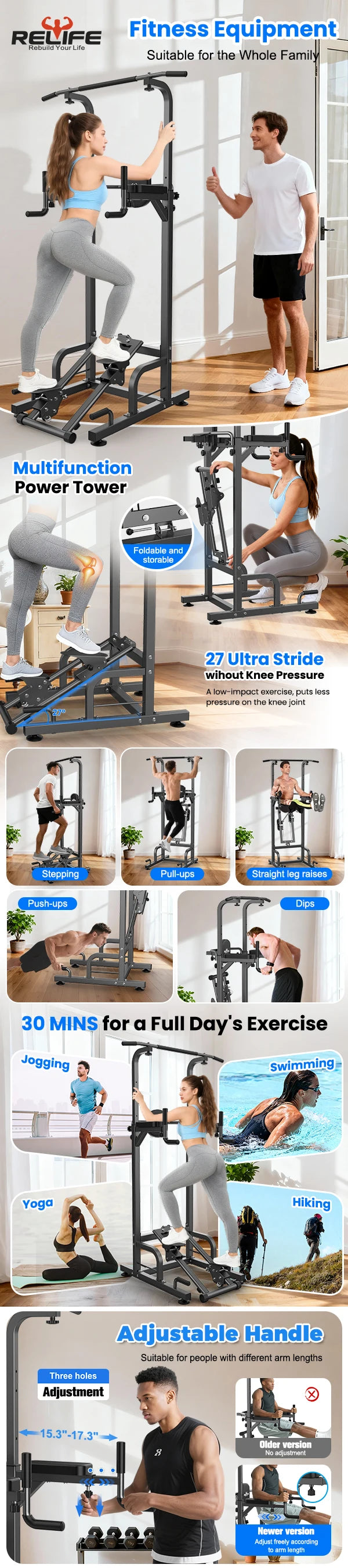 RELIFE Multifunctional Power Tower Pull Up Dip Station Free Standing Pull Up Bar with Stepper Machine, Adjustable Height Workout Rack 450LBS Load Home Gym Full Body Strength Training Fitness Equipment for Pull Ups Chin Ups Di