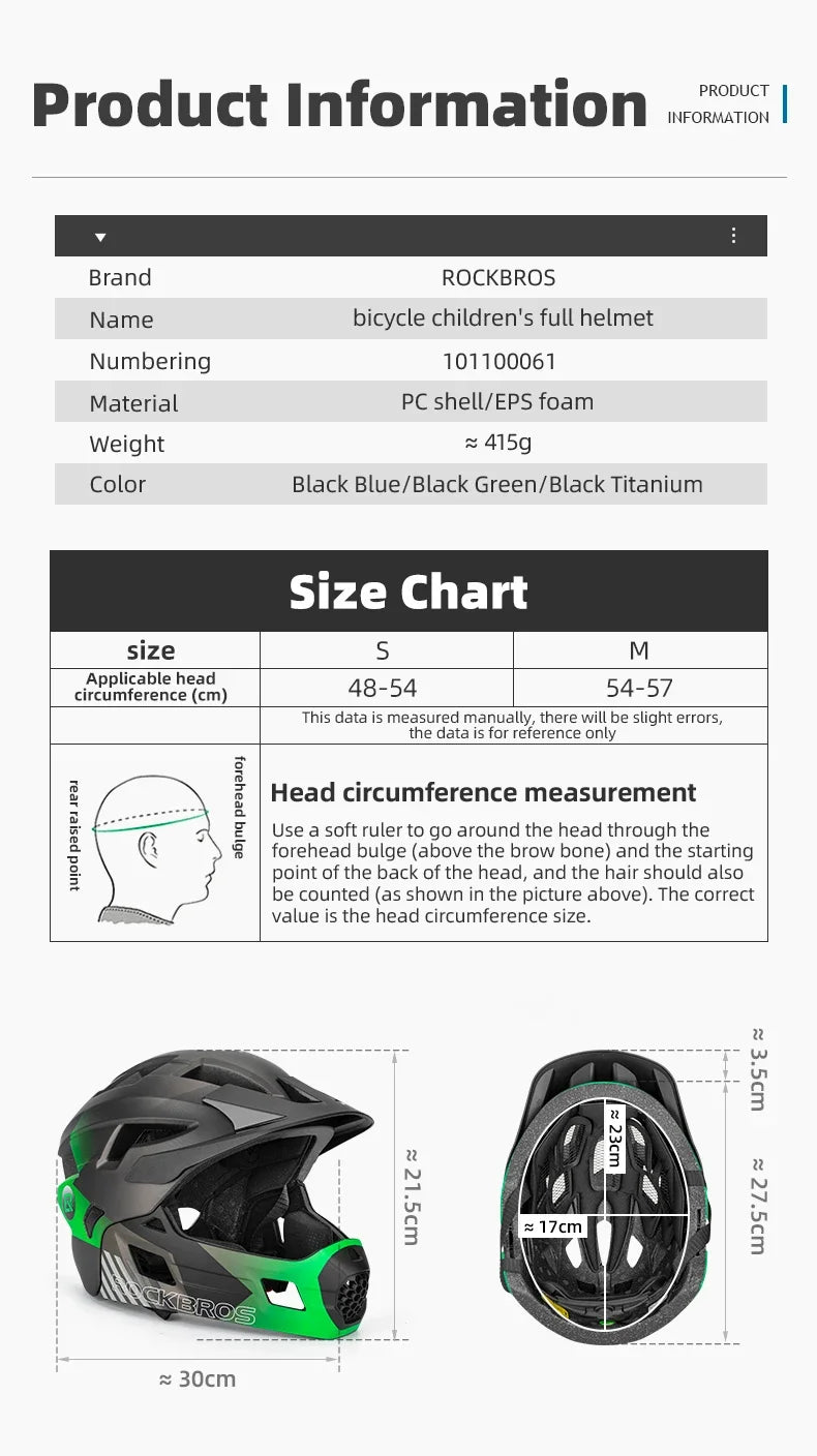 ROCKBROS Children Full Face Cycling Helmet Kids Laufrad Push Bike Helmet Head Safety Protect Girls Boys MTB Road Bicycle Helmet