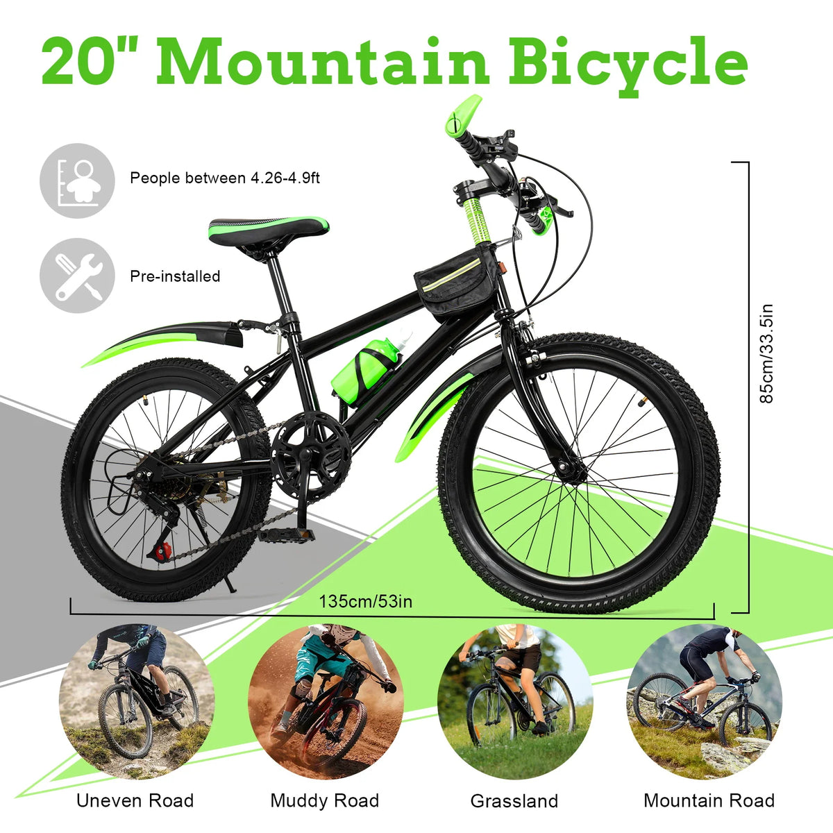 20" 7 Speeds Mountain Bike Kids Bicycle Dual-Disc Brakes Unisex Children's Bicycle Height Adjustable MTB Boys Girls Riding Bike