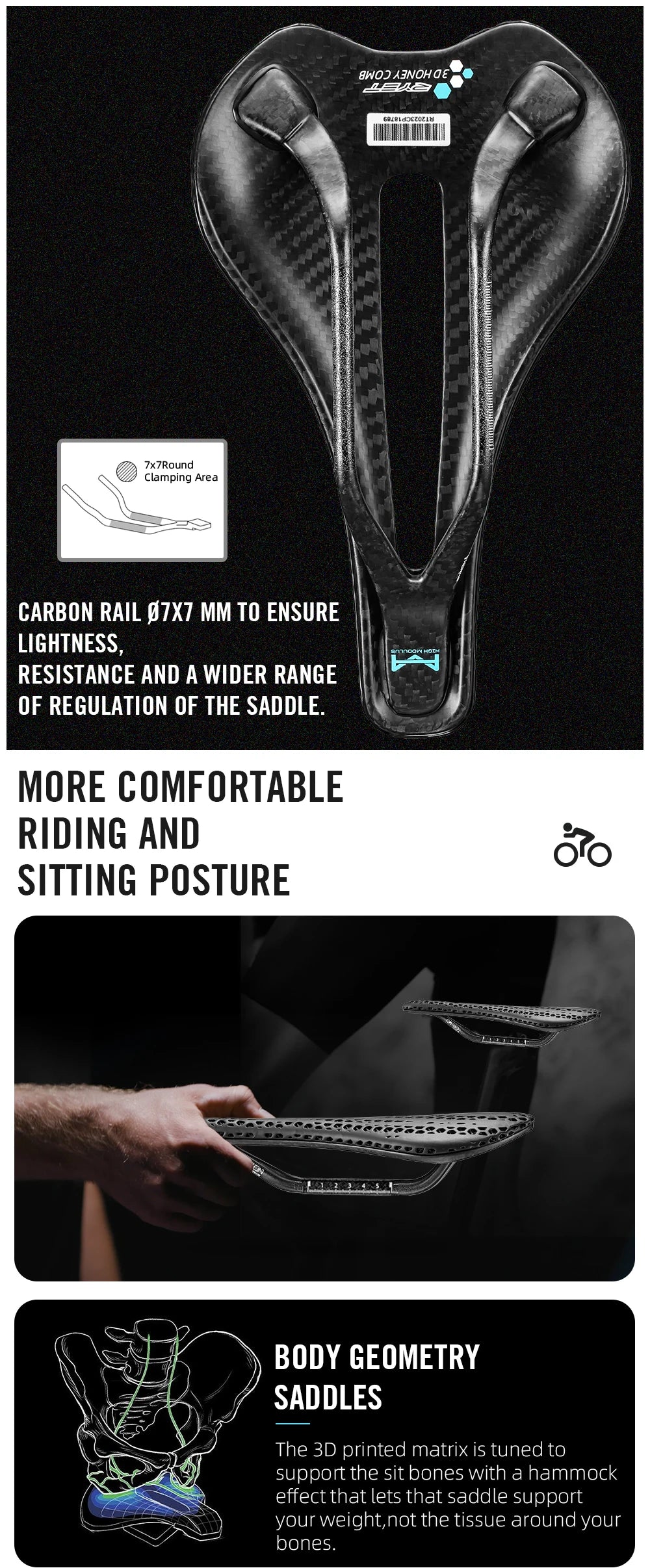 RYET Carbon 3D-printed Bike Saddle 7x7 Rail Saddle Men Women Triathlon Road MTB Mountain Gravel Cycling Saddle Ultralight 135g