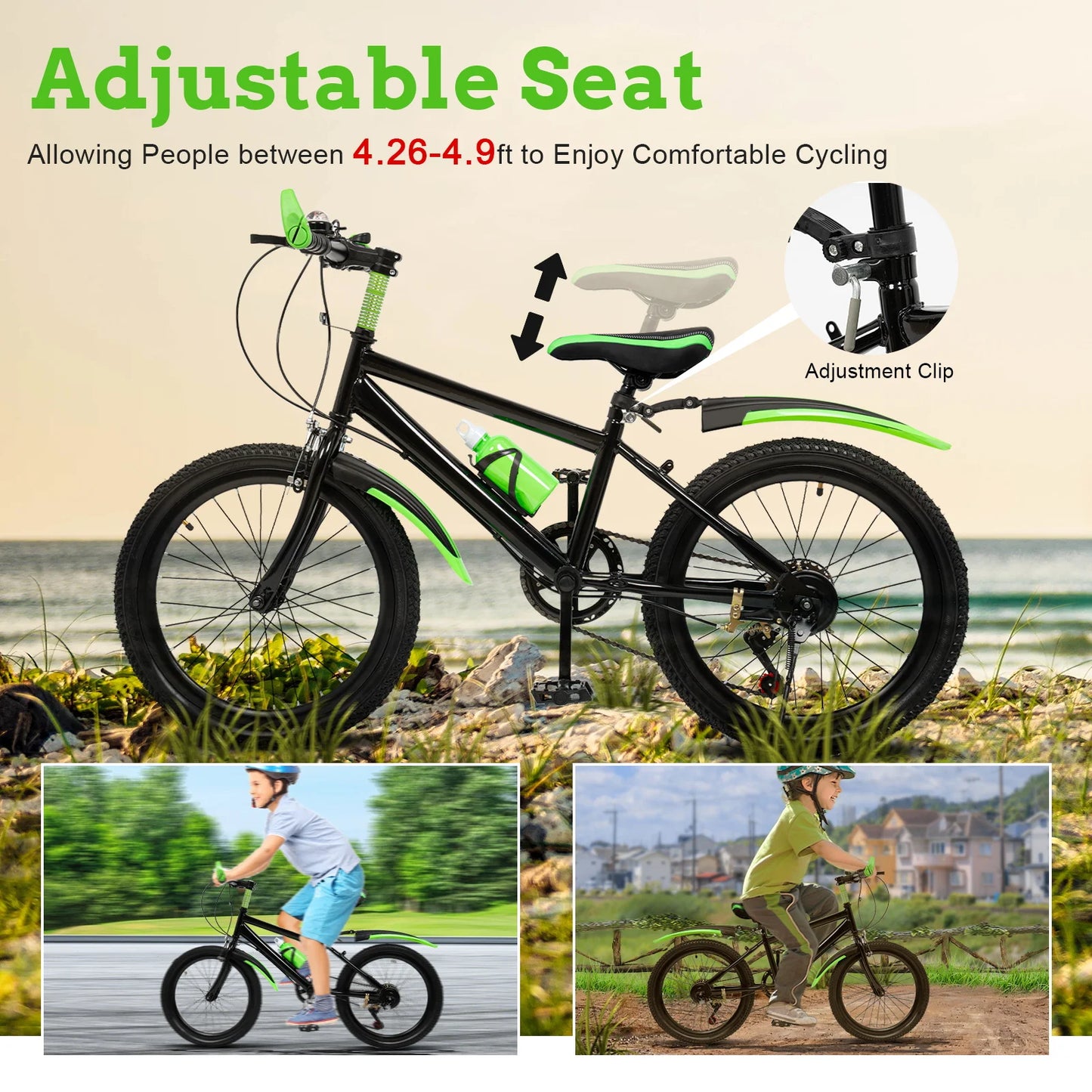 20" 7 Speeds Mountain Bike Kids Bicycle Dual-Disc Brakes Unisex Children's Bicycle Height Adjustable MTB Boys Girls Riding Bike
