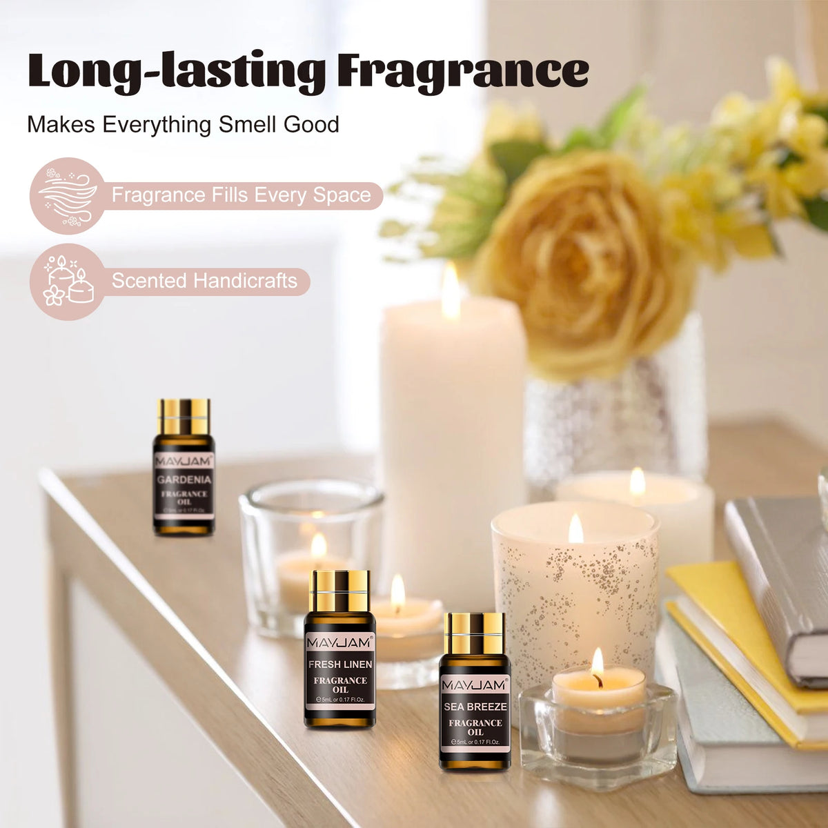 MAYJAM Fragrance Oils Set 20 Bottles-Sea Breeze White Musk Baby Powder Leather Sweet Tobacco Coconut & Vanilla Freesia Gardenia Strawberry Watermelon Mango Aroma Essential Oils for Humidifier Diffuser Burner Making Scented Ca