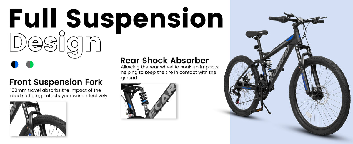 Ecarpat Dual Full Suspension Mountain Bike 24/26/27.5 Inch, Mens Women Teenagers Boy Girl Mountain Bike, 21-Speed Disc Bicycles
