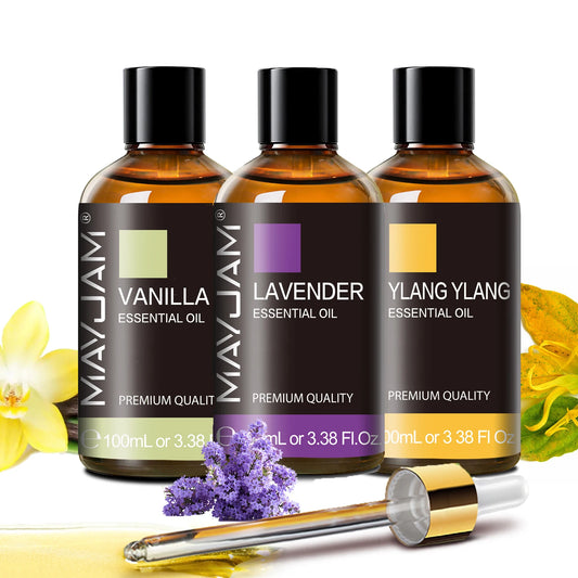 MAYJAM Lavender Vanilla Ylang Ylang Essential Oil Pure Natural Undiluted, 100ml Aroma Oil Peppermint Sandalwood Frankincense Rose Lemongrass Patchouli for Humidifier Diffuser Making Scented Candle ,Geranium Citronella Ginger