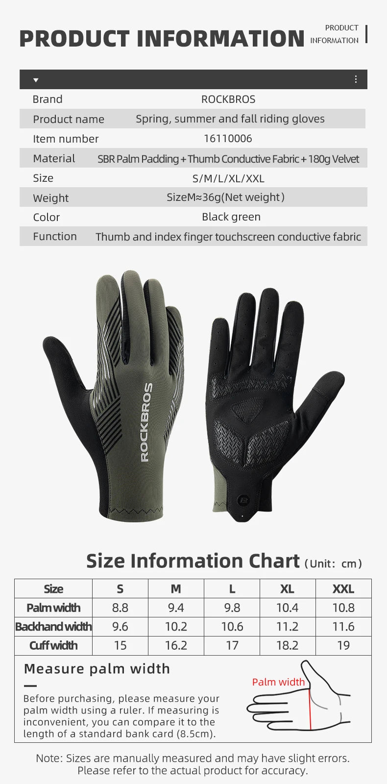 ROCKBROS Cycling Gloves Spring Summer Breathable MTB Road Bike Non-slip Gloves Touch Screen Full Finger Motorcycle Riding Gloves
